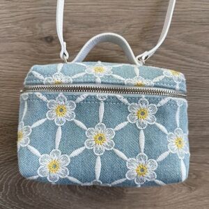 Longchamp Denim Blue w/White & Yellow Embroidered Floral Vanity Crossbody Bag